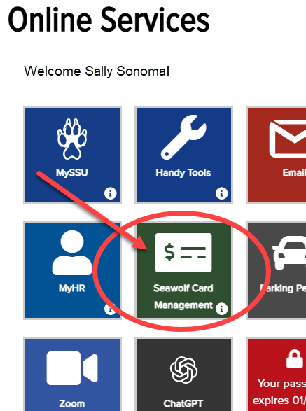 Log in screen highlighting Seawolf Card Management