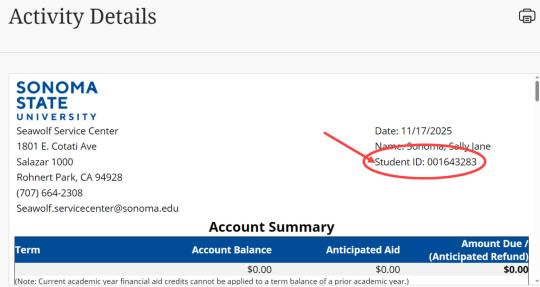 Activity Details Screen shot showing SSU ID#