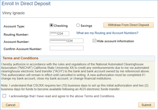 Enroll in Direct Deposit hiding Routing and Account Numbers